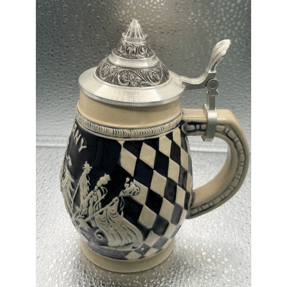 Vintage 7" GERZ German Beer Stein Relief Scene Pewter Lidded Mint Condition